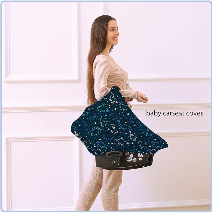 Car Seat Covers Canopy Cover - Multi-use Cover Carseat Canopy, Breathable Breastfeeding Cover, Car Seat Covers for Bbies, Boys & Girls Shower Gifts (Dark Blue Dinosaur)-BubblyBeeBaby