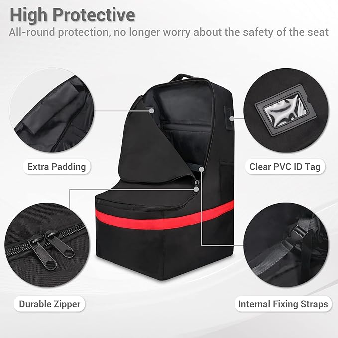 Car Seat Travel Bag - Padded, Comfortable, Durable, Roomy Gate Check Carseat Cover Backpack Fits 3-in-1，Convertible, Booster & Infant Car Seats for Airplane, Airport, Red-BubblyBeeBaby