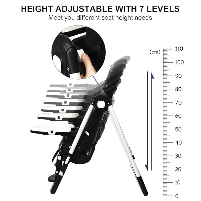 INFANS High Chair for Babies & Toddlers, Foldable Highchair with Multiple Adjustable Backrest, Footrest and Seat Height, Removable Tray, Detachable PU Leather Cushion, Built-in Rear Wheels (Black)-BubblyBeeBaby