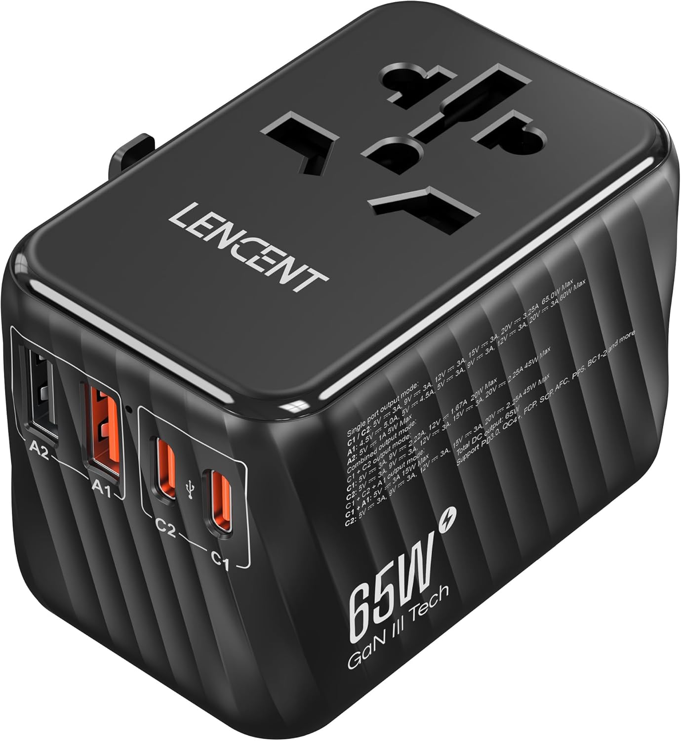 LENCENT Universal Travel Adapter, 65W GaN International Fast Charger with 2 PD3.0 Type C+2 QC USB A, Worldwide Power Adaptor for Phones,Laptops, All in One Travel Essentials for EU/USA/UK/AU, Black