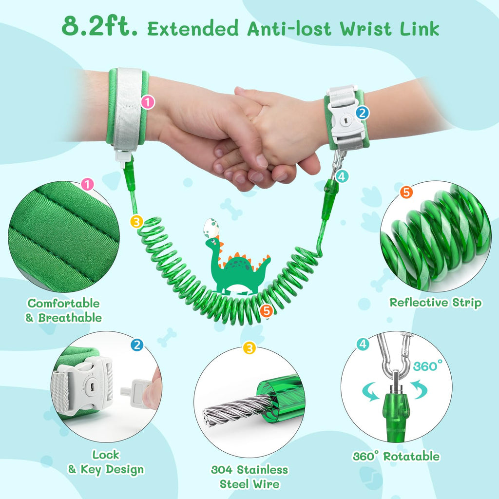 Dr.meter 3 in 1 Toddler Harness Leash + 8.2ft Anti Lost Wrist Link, Cute Dinosaur Kids Safety Harness Tether with Key Lock, Child Protective Leashes While Walking for Outdoor Activity Keep Kids Close