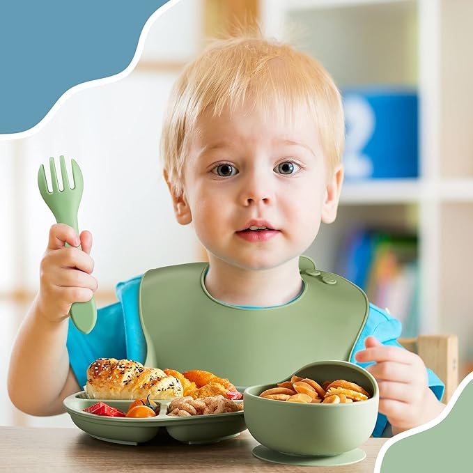 10 Pack Silicone Baby Feeding Set, Toddlers Led Weaning Feeding Supplies with Suction Baby Bowl Divided Plate Adjustable Bib Soft Silicone Spoon Fork, Infant Self Eating Utensil Set (Blue, Green)-BubblyBeeBaby