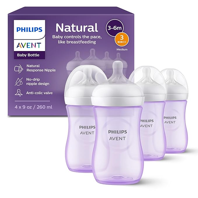 Philips Avent Natural Baby Bottles with Natural Response Nipples (Medium Flow, Flow 3), 9oz, Purple, 4-Pack, SCY903/34-BubblyBeeBaby