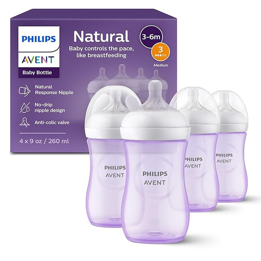 Philips Avent Natural Baby Bottles with Natural Response Nipples (Medium Flow, Flow 3), 9oz, Purple, 4-Pack, SCY903/34-BubblyBeeBaby