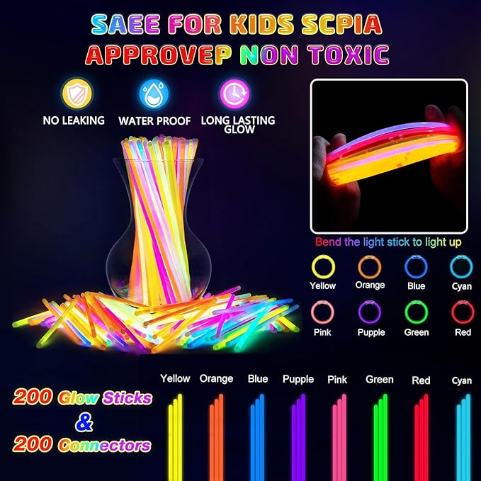 200 Pcs Glow Sticks Bulk Party Pack, 8'' Glow in the Dark Party Supplies, Glow in the Dark Light Up Sticks with Connectors, Party Favors for Birthday, Concert, Raves, Halloween, Christmas-BubblyBeeBaby