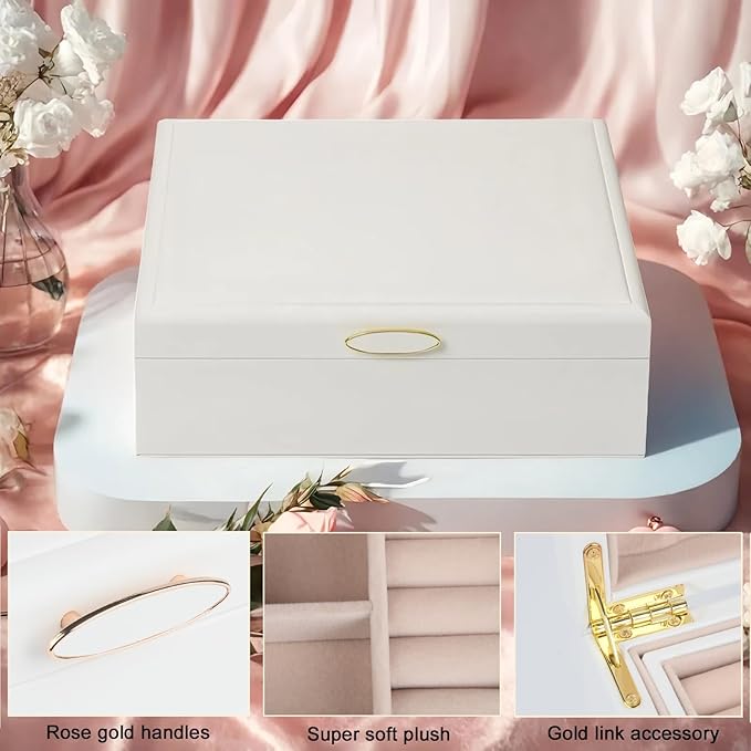 Jewelry Box Organizer for Women,White 2 Layer jewelry Stoarge Case,Built in Necklace Hook and Detachable Jewelry Tray,Indoor Jewelry Display Box-BubblyBeeBaby