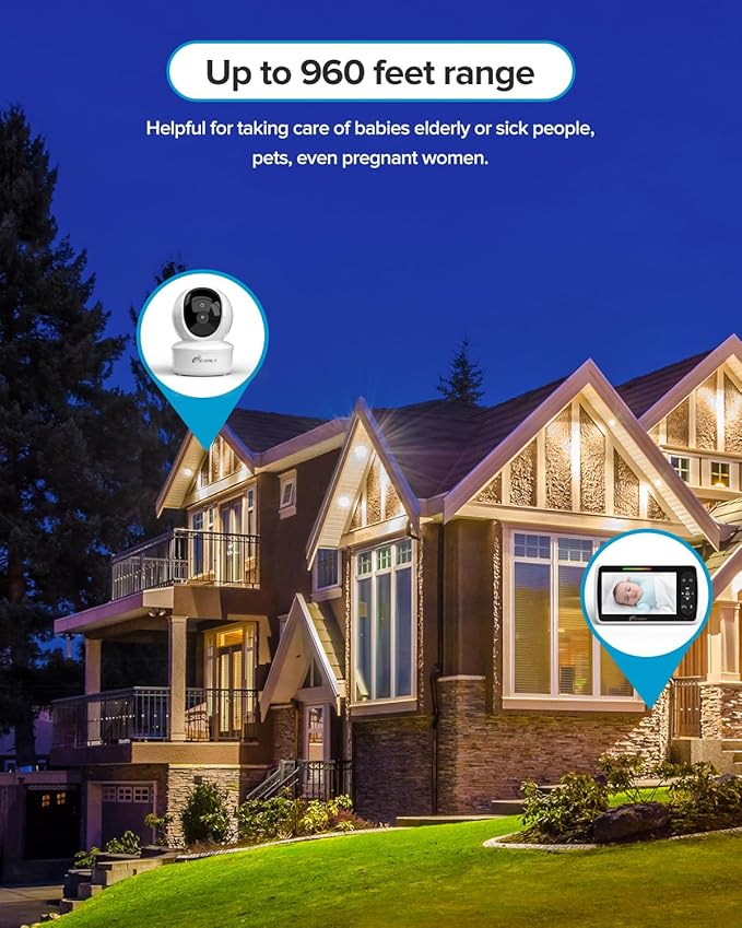 iFamily Baby Monitor with 2 Cameras | Remote Pan-Tilt-Zoom Video Baby Monitor with Camera and Audio, 5” Large Display, Night Vision, Temperature Display, Lullaby, 2 Way Audio & 960ft Range-BubblyBeeBaby