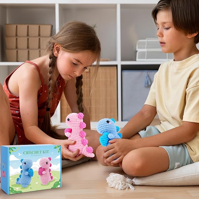 Heart Dinosaurs Crochet Kit for Beginners - 2PCS Blue and Pink Dinosaurs Crochet Kit with Step-by-Step Video Tutorials, Dinosaur Crochet Starter Kit for Adult Kid, Crochet Stuffed Animal Knitting Kit-BubblyBeeBaby