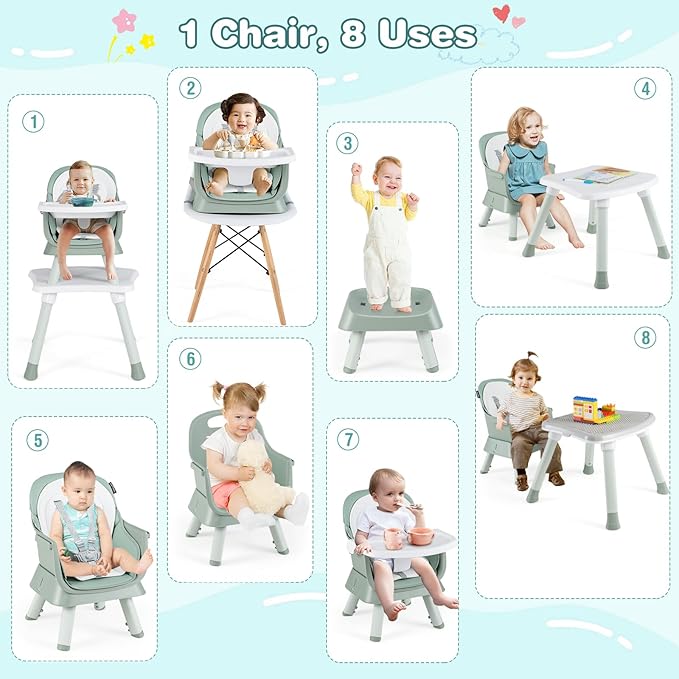 HONEY JOY 8 in 1 Baby High Chair, Convertible Highchair for Babies and Toddlers/Table and Chair Set/Building Block Table/Booster Seat/Stool/Toddler Chair with Safety Harness (Green)-BubblyBeeBaby