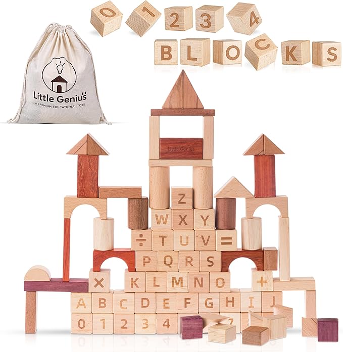 Hexagon Montessori Wooden Building Blocks – 86 Pieces FSC-Certified Beech | Alphabet & Number Blocks with Board Game, Storage Bag & 15-Challenge Guide | Stacking Toy for Kids Ages 3+-BubblyBeeBaby