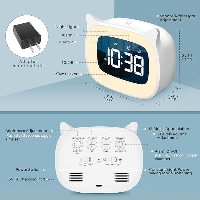 Kids Alarm Clock with Night Light & 18 Ringtones,Rechargeable,Cute Cat Ear Clock for Boys Girls Birthday Presents,Digital Clock for Children's Bedroom(White)-BubblyBeeBaby