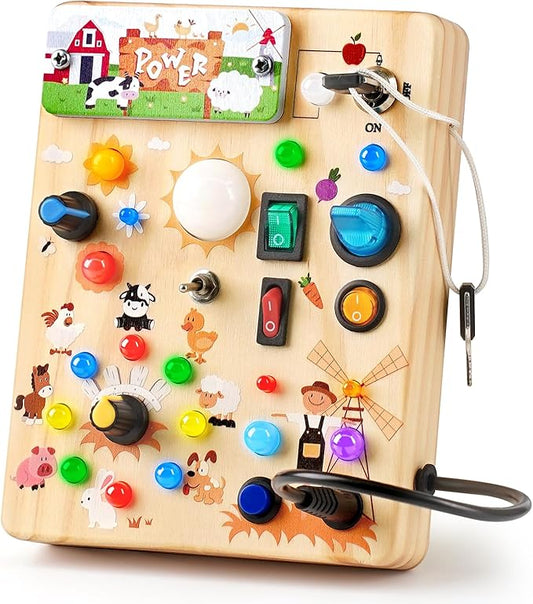 Joyreal Wooden Busy Board with LED Light, Montessori Toddler Toys, Wooden Sensory Board, Toddlers Activity Travel Toys for Boy & Girl Birthday Gift (Farm Theme)-BubblyBeeBaby