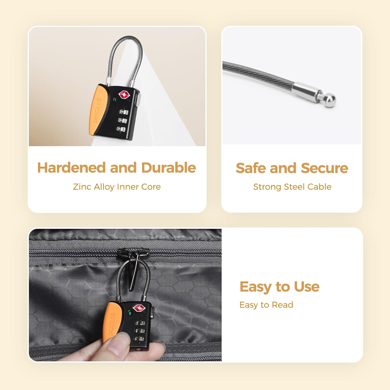 pack all TSA Approved Cable Luggage Locks, 3 Digit Combination Padlocks, Travel Lock for Suitcases & Bag, Alloy Body, Travel Accessories (4 Pack)（Orange）