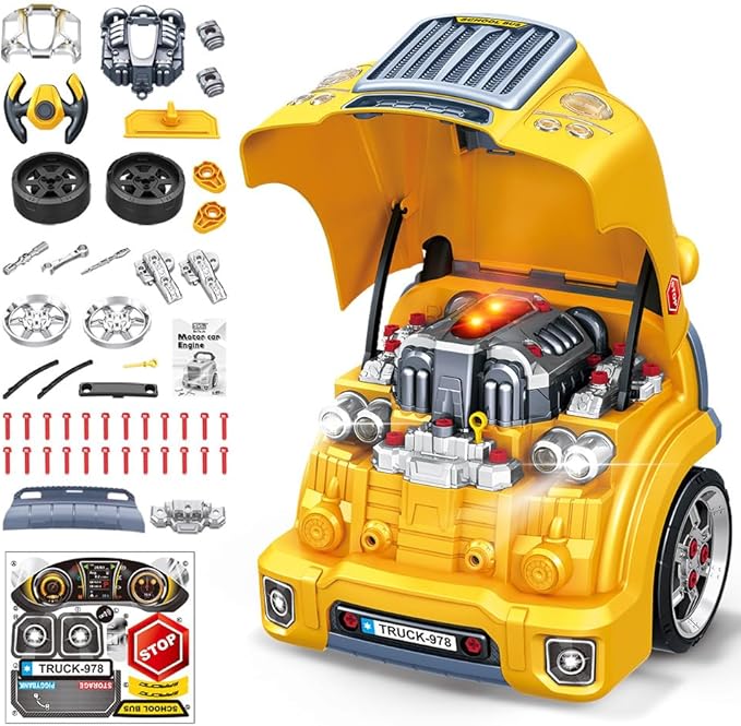 Interactive Truck Engine Toy with Removable Parts - Lights, Sounds, and Fun for Young Mechanics -Unleash Their Creativity and Motor Skills with This Truck Engine Toy (Yellow)-BubblyBeeBaby