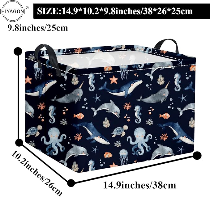 HIYAGON Rectangular Ocean Basket Kids Baby Storage Bin Toy Organizer Box for Boys Under the Sea Nursery Decor(Ocean)-BubblyBeeBaby