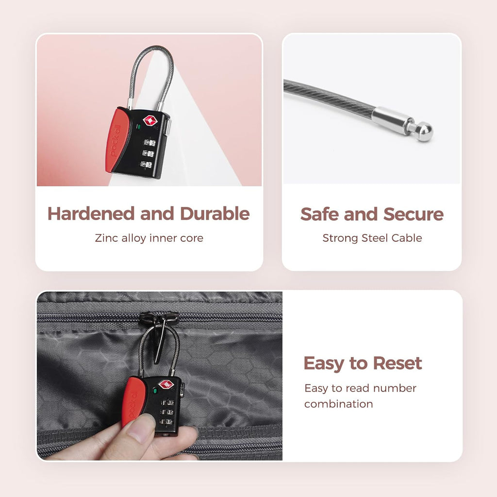 pack all TSA Approved Cable Luggage Locks, 3 Digit Combination Padlocks, Travel Lock for Suitcases & Bag, Alloy Body, Travel Accessories (1 Pack)（Red）