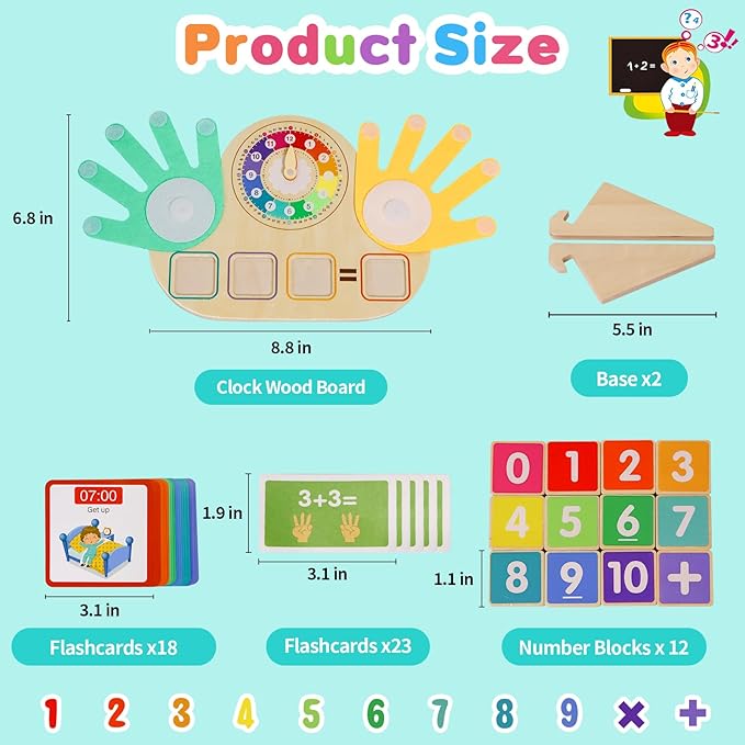 Montessori Learning Toys for Toddlers 3 4 5 years, Finger Counting Number Blocks and Clock Wooden Toys for Kids, Educational Math manipulatives Toys, Preschool Wood Homeschool Educational Math Toy.-BubblyBeeBaby