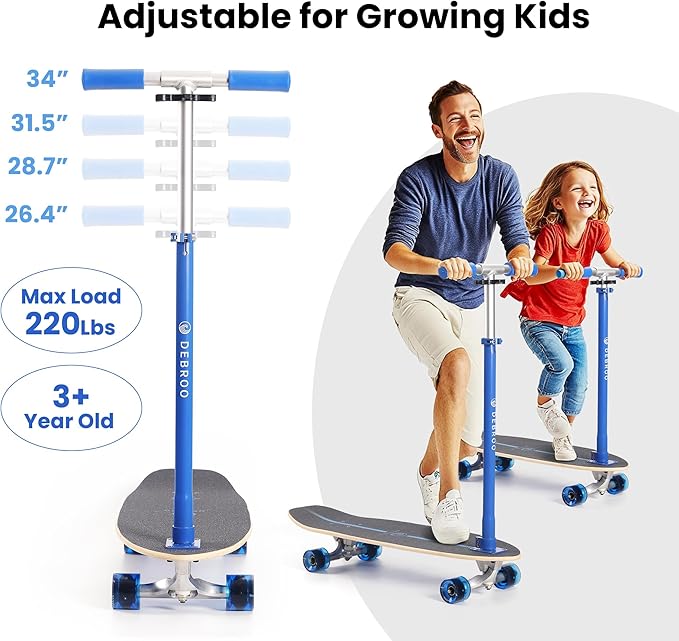 2-in-1 Kids Skateboard & Lean-to-Steer Scooter with Detachable Handlebar, LED Light-Up Wheels, Adjustable Height – Beginner Surf Skateboard for Ages 3+-BubblyBeeBaby