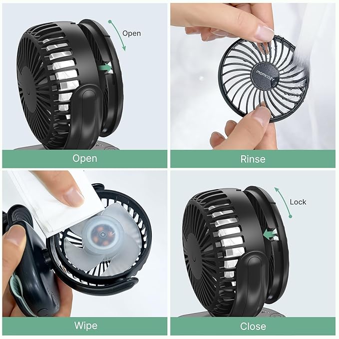 Momcozy Portable Fan with Clip | 4-Speed Mini-Fan for Carrier | Personal Fans Ultra Lighter 0.26lb | Gaps ≤4.5mm | Handheld Cooling | Rechargeable Rotate for Diaper Backpack/Stroller/Carrier/Chair-BubblyBeeBaby
