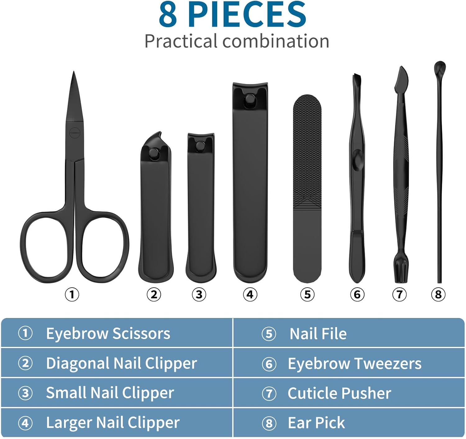Precision 8 Pieces Men’s Nail Grooming Travel Kit, Stainless Steel Manicure Set with Fingernail & Toenail Clippers, Nail File, Slant Tip Tweezers, Cuticle Scissors, Cuticle Pusher, Travel Case