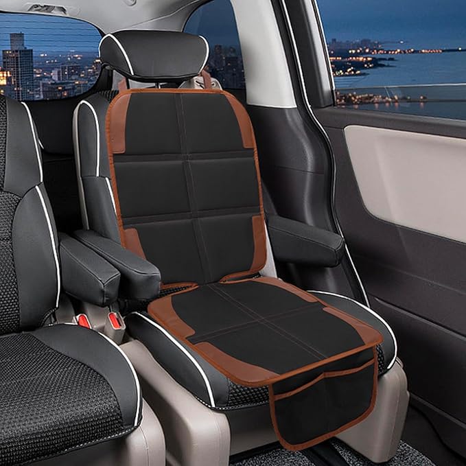 Car Seat Protector for Child, 2 Pack With Mesh Pockets & Non-Slip Backing 600D Durable Under Baby Seat Cover for Back Seat (Dark Brown, Standard)-BubblyBeeBaby