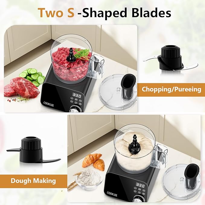 COOKLEE Food Processor, 600 Watts, 6 Functions Electric Food Chopper for Chopping, Mincing, Dicing, Shredding, Slicing, Purees & Dough with 12cup Processor Bowl, Food Chute & Pusher, Black-BubblyBeeBaby