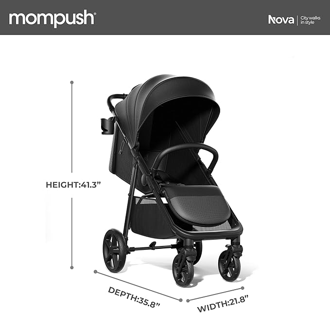 Mompush Nova Baby Stroller for Toddler, Infant & Newborn | Spacious Seat & Lie-Flat Mode | Compact One-Hand Fold, UPF 50+ Canopy & All-Wheel Suspension | Includes Rain Cover & Cup Holder-BubblyBeeBaby