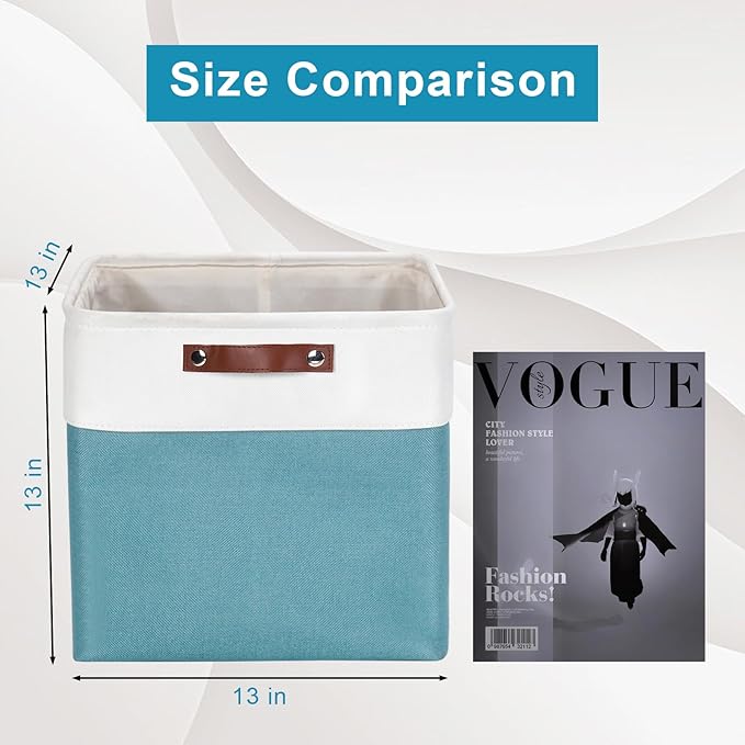 13x13 Cube Storage Bins, Collapsible Fabric Storage Box, 4 Pack Closet Baskets with Handles for Organizing, Shelf, Toys, Clothes, Home, Office, Nursery (Teal&White)-BubblyBeeBaby