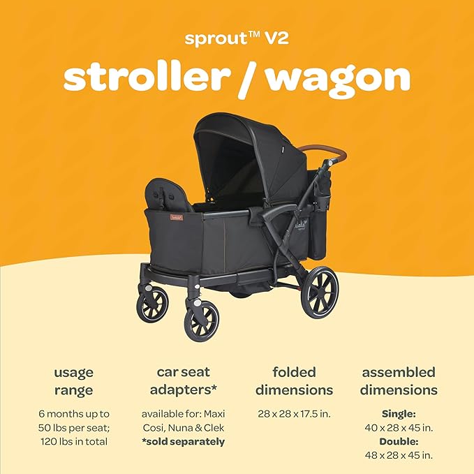 Larktale Adjustable Stroller, 2 Seater Kids Wagon, 120 Pound Capacity, Sprout V2, Black-BubblyBeeBaby