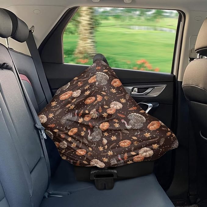 Binienty Hanksgiving Turkey Pumpkin Stretch Car Seat Covers for Babies Infants, Breathable Stretch Baby Stroller Cover Canopies Thankful Car Seat Cover-BubblyBeeBaby