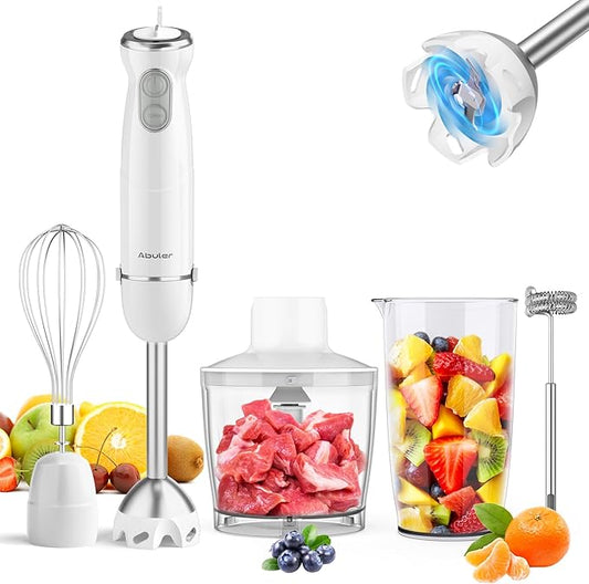 Immersion Blender Handheld 5 in 1 Hand Blender, 1000W Hand Mixer Stick, BPA-Free 12 Speed Handheld Blender with Mixing Beaker, Chopper, Whisk and Milk Frother for Soup, Sauce, Baby Food (White)-BubblyBeeBaby