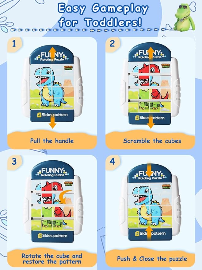 16-Piece Rotating Puzzles for Kids 4-6, Toddlers Puzzles 2-4, Road Trip, Airplane Activities Game, Travel Toys - Brain Teaser, Fine Motor Skills - Birthday Gifts Boys Girls - Dinosaur-BubblyBeeBaby