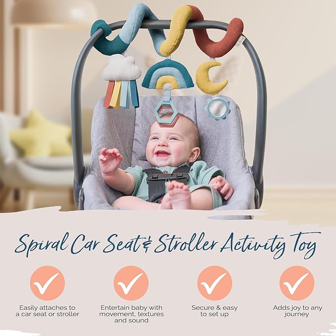 Itzy Ritzy Spiral Car Seat & Stroller Activity Toy - Stroller & Car Seat Toys for Ages 0 Months and Up - Hanging Toys Include Clinking Rings, Mirror and Textured Ribbons (Rainbow)-BubblyBeeBaby