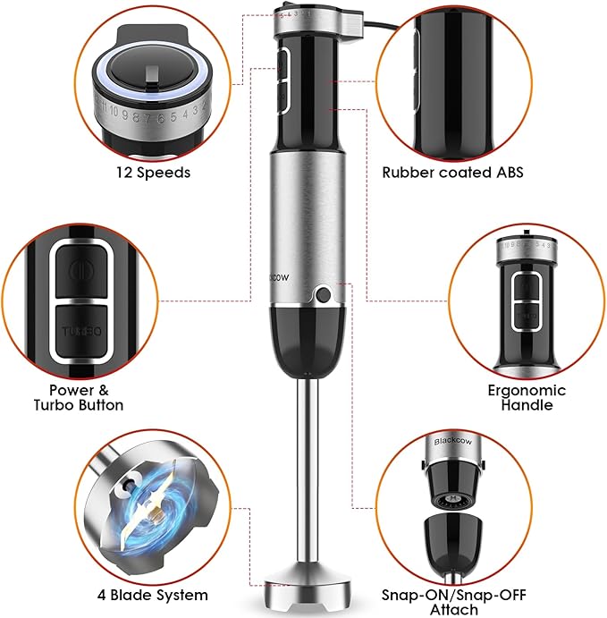 Immersion Blender Handheld, 800W Powerful Electric Hand Blender with Titanium Alloy Blades, 12 Speeds & Turbo, Electric Hand Mixer for Smoothies, Soups, Baby Food and Purees-BubblyBeeBaby