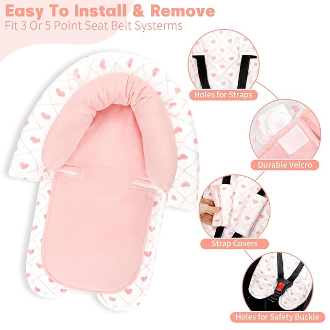 Infant Car Seat Insert, HNHUAMING Baby Car Seat Head & Body Support with 2 Strap Pads, Ultra Soft Newborn Preemie Carseat Insert Cushion for Girls Boys, Fits Car Seat, Stroller, Swing, Bouncer, Pink-BubblyBeeBaby