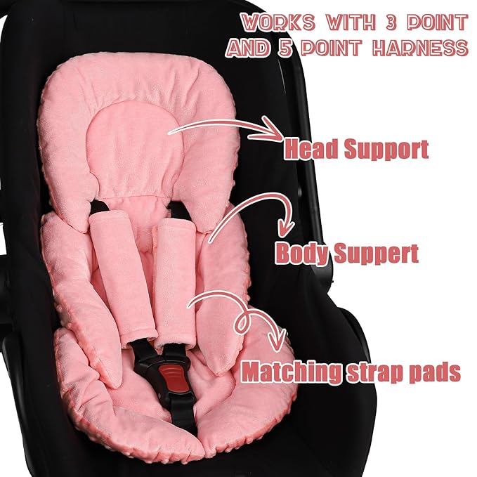 GFU Infant Car Seat Insert Head and Body Support, Reversible Newborn Insert for Carseat with Strap Pads, Soft Stroller Cushion Pillow Insert for Boys and Girls, Fits for Stroller, Swing, Red-BubblyBeeBaby
