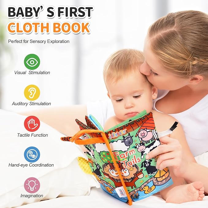 Jollybaby Baby Cloth Books, Touch & Feel Crinkle Soft Books, for Infants Babies, Toddler Early Educational Interactive Stroller Toys, Baby Girl & Boy Gift(Farm Tails)-BubblyBeeBaby