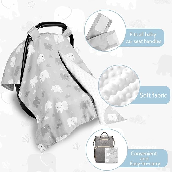 TANOFAR Car Seat Cover Baby, Carseat Covers Baby Boy Girl, Peekaboo Opening Infant Car Seat Cover for Winter, Warm & Cozy, Grey Elephant-BubblyBeeBaby