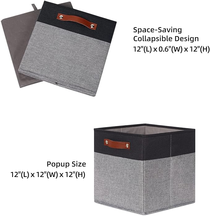 HNZIGE Cube Storage Baskets,Fabric Storage Cubes 12 x 12, Set of 4,Decorative Storage Baskets for Organizing with Handles,Closet Bins for Shelf Organizer Home Toy Nursery Closet(Black Gray)-BubblyBeeBaby