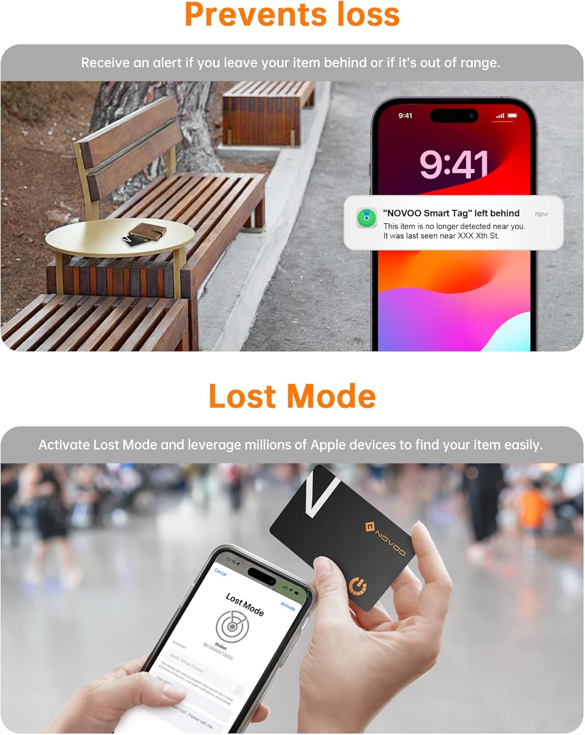 NOVOO Air Locator Tag (iOS Only) Wallet Tracker Card with Find My, Smart Card Bluetooth Tracker, 6 Years Battery, IP68 Waterproof, 1.6mm Keys Finder and Item Locator for Keys, Bags, Passport(2 Pack)