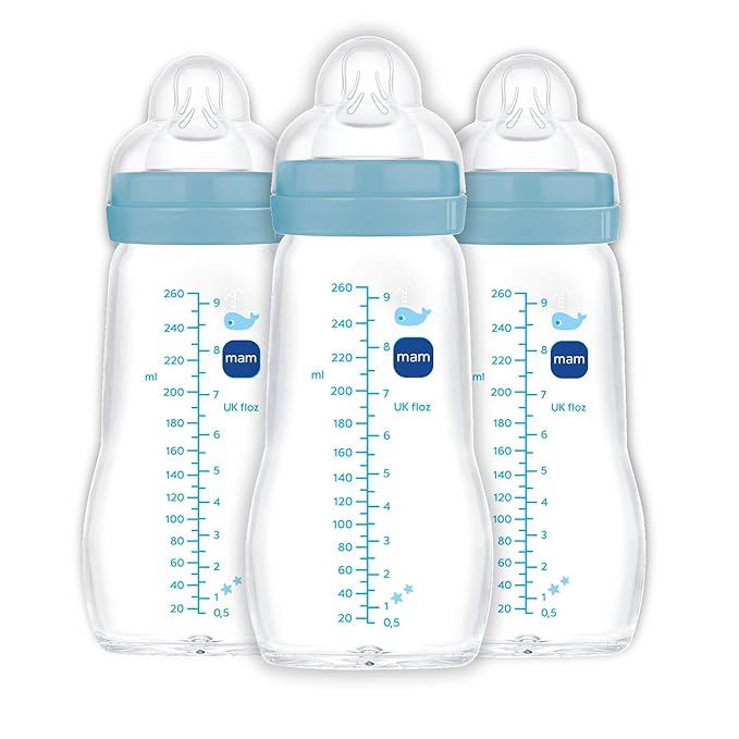 MAM Premium Glass Baby Bottles, Easy Switch Between Breast and Bottle, Feel Good Medium Flow, Newborn Essentials Must Have, 2+ Months, BPA Free, 9oz, Boy, 3pack-BubblyBeeBaby