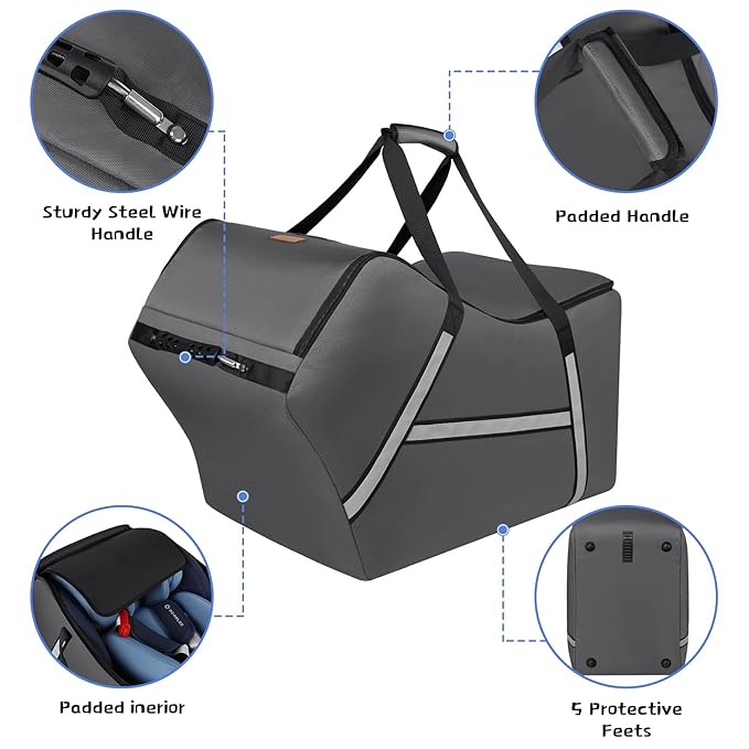 Infant Car Seat Travel Bag for Airplane Compatible with All Nuna Pipa Car Seat and Base,Chicco KeyFit 30 and Base, Padded Car Seat Bags for Air Travel,Car Seat Gate Check Bag with Side Pocket, Gray-BubblyBeeBaby