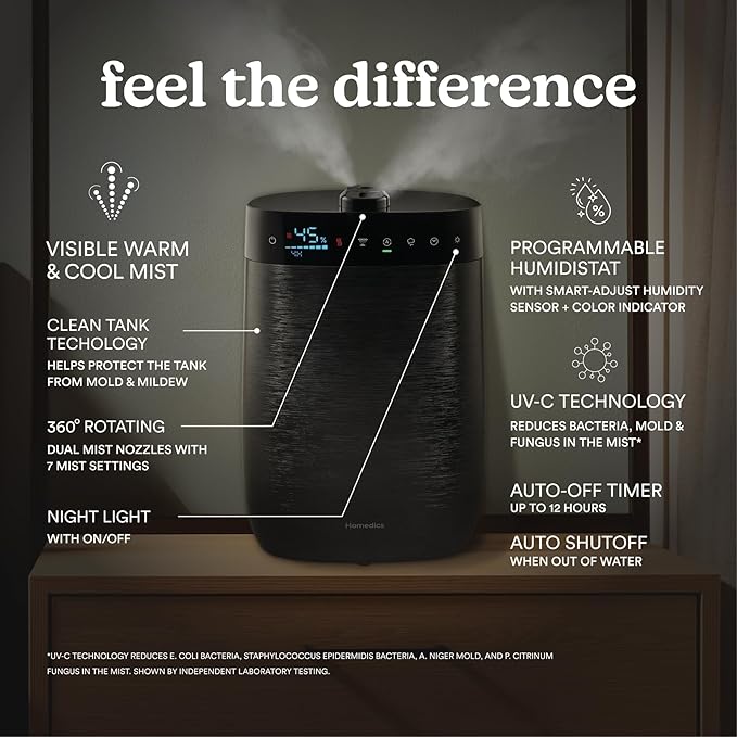 Homedics Deluxe Ultrasonic Humidifier for Large Rooms, Warm or Cool Mist, UV-C Technology, 1.5-Gallon Top Fill Tank, Smart Digital Programmable Humidistat, Home Dry Air Relief, Aromatherapy-BubblyBeeBaby