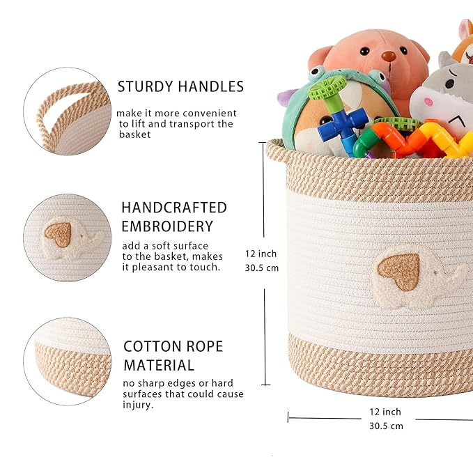 INough Toy Storage Baskets Woven Cotton Rope Storage Basket for Kids, Blanket Baskets for Living Room Toy Basket Box Toys Organizer with Embroidery Decor Cute Baskets for Nursery, Playroom (Elephant)-BubblyBeeBaby