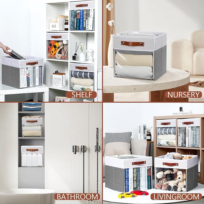 HNZIGE Fabric Cube Storage Bins - 4 Pack 13x15x13 Collapsible Storage Cubes for Organizing Shelves, Closet, Pantry - White, Gray-BubblyBeeBaby