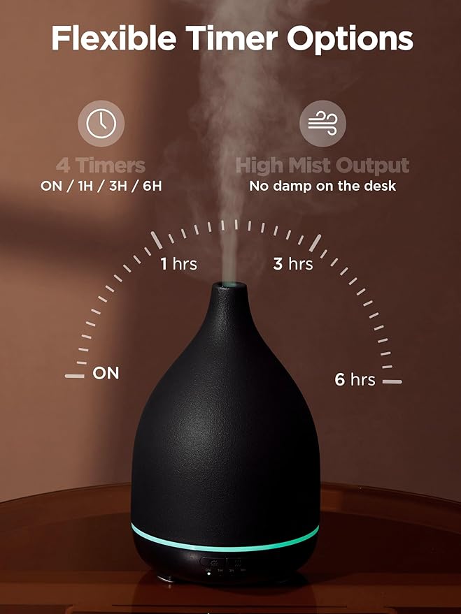 InnoGear Oil Diffuser, 300ML Ceramic Diffuser for Essential Oils Handcrafted Aromatherapy Diffuser Ultrasonic Cool Mist Humidifier with 4 Timers Waterless Auto Off for Room Office, Black-BubblyBeeBaby