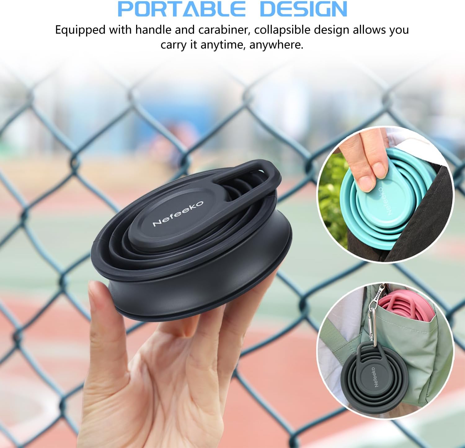 Nefeeko Collapsible Water Bottle,17oz(500ml) Reuseable BPA Free Silicone Foldable Water Bottles for Travel Gym Camping Hiking, Portable Leak Proof Sports Water Bottle with Carabiner