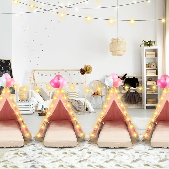 2 Pack Kids Teepee Tent with Mattress,Fitted Sheet,Light String,Washable Natural Cotton Toddler Play Tent for Girls Boys Indoor Outdoor Sleepover Slumber Birthday Party(Pink)-BubblyBeeBaby