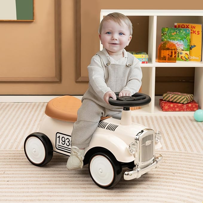 HONEY JOY Ride On Push Car, Outdoor Toddler Riding Toys w/Steering Wheel, Horn & Storage, Foot-to-Floor Sliding Car, No Batteries, Retro Baby Ride On Toys for Boys and Girls (White)-BubblyBeeBaby