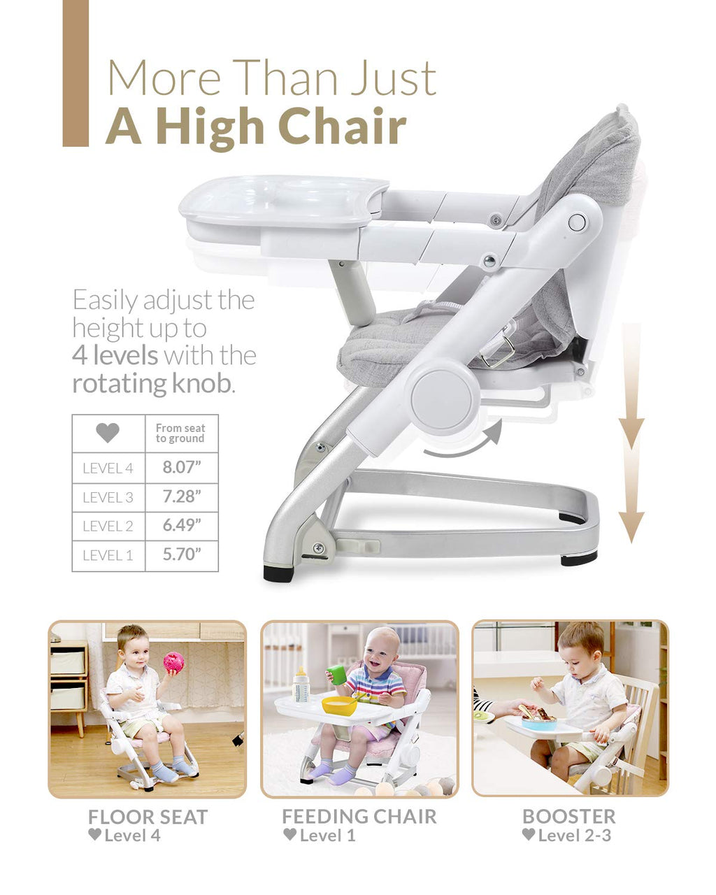 Feed Me 3-in-1 Travel High Chair Booster Seat for Infants and Toddlers - Transitional, Compact & Fits Any Chair, Swivel Tray, Shadow Gray